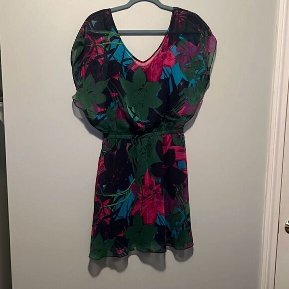 Express Women's Multicolor Floral V-Neck Chiffon Mini Dress Size Medium - Picture 6 of 8